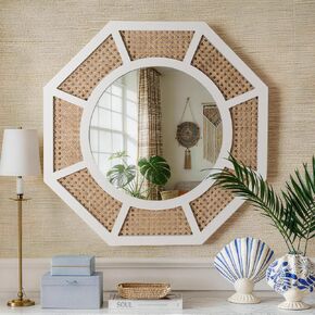 THKSHOUZ 24" Large Rattan Wall Mirror Decoraive Boho Wood Accent Mirror for Wall Decor Natural Woven Rattan Mirrors for Farmhouse,Living Room,Bedroom,Bathroom,White Frame in Kuwait