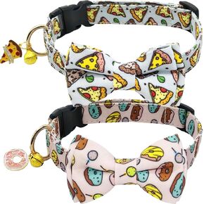KUDES 2 Pack Print Dog Collars with Bow Tie, Adjustable Dog Collar with Bells and Charm Safety Buckle Cute Pet Collars for Small/Medium/Large Dogs and Cats Boys Girls (Hamburger+Sushi, L(14"-22")) in Kuwait