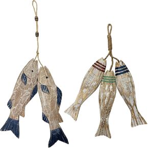 Set of 4 Hanging Vintage Carved Wooden Fish with Fishing Net Decor Hand Carved Nautical Decorated Wood Decor Distressed Wall Art Wood Fish Ornament Nautical Beach Lakehouse Themed Wall Decoration in Kuwait