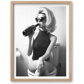 iHery Natural Wood Framed Woman and Poodle in Beauty Salon Wall Art, 12x16in Quality Canvas Hair Salon Decor, Vintage Photography, Black and White Print, Funny Retro Set of 1 in Kuwait