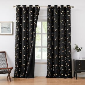 Bujasso Gold Black Full Blackout Curtains Print Golden Leaf Patterned Room Darkening Drapes 90 inch for Living Room Bedroom Thermal Insulated Metallic Window Treatment Grommet Top W52 xL90 2 Panels in Kuwait