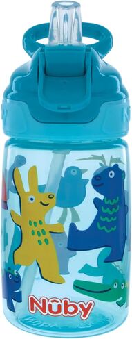 Nuby Kid’s Flip-it Reflex Push Button On-The-Go Printed Water Bottle with Soft Spout - 12oz / 360ml, 18+ Months, 1pk Print May Vary in Kuwait