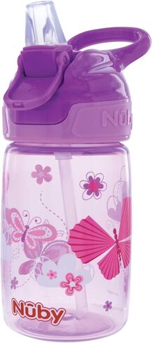Nuby Kid’s Flip-it Reflex Push Button On-The-Go Printed Water Bottle with Soft Spout - 12oz / 360ml, 18+ Months, 1pk Print May Vary in Kuwait