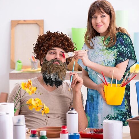 5 Pcs Halloween Painter Costume Set 80's Painting Tree Tunic Dress Afro Wig and Beard and Painting Kit for Artist Couples Costume Cosplay in Kuwait