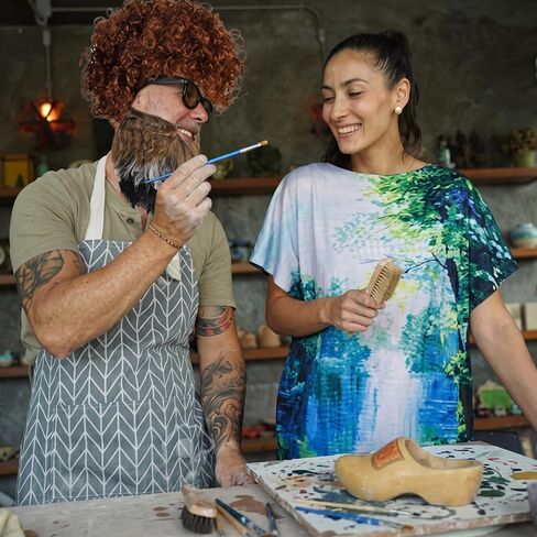 5 Pcs Halloween Painter Costume Set 80's Painting Tree Tunic Dress Afro Wig and Beard and Painting Kit for Artist Couples Costume Cosplay in Kuwait
