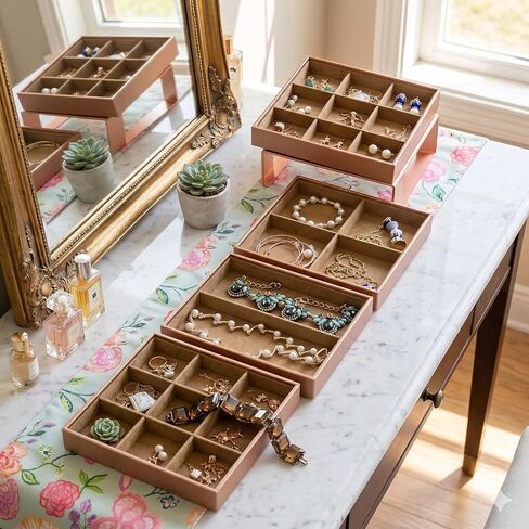 Huji Stackable Jewelry Trays Organizer Storage Rings Earrings Bracelets Watches Necklaces (1, Camel Brown Stack-able Trays) in Kuwait