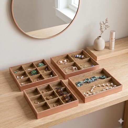 Huji Stackable Jewelry Trays Organizer Storage Rings Earrings Bracelets Watches Necklaces (1, Camel Brown Stack-able Trays) in Kuwait