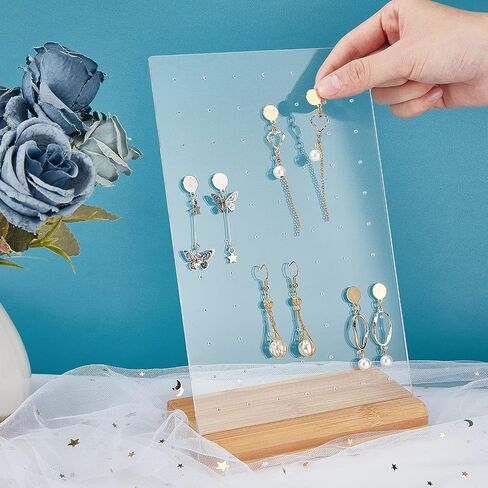 PH PandaHall Earring Display Pegboard Black Earring Holder Stand Organizer Acrylic Jewelry Display Rack with Natural Wood Base for Earring Necklace Jewelry Display, 77 Holes, 9.4x5.9 inch Panel in Kuwait