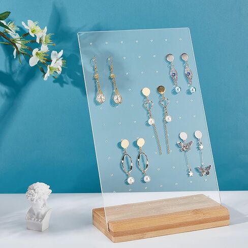 PH PandaHall Earring Display Pegboard Black Earring Holder Stand Organizer Acrylic Jewelry Display Rack with Natural Wood Base for Earring Necklace Jewelry Display, 77 Holes, 9.4x5.9 inch Panel in Kuwait