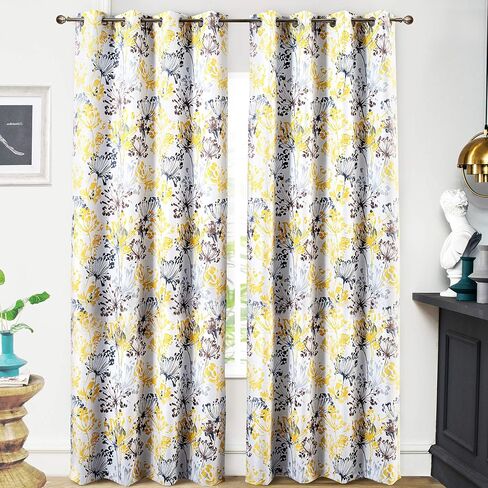 DriftAway Abstract Floral Yellow Curtains for Living Room Bedroom Kitchen Ink and Ivy 54 Inches Long Botanical Room Darkening Window Drapes Grommet Top 2 Panels in Kuwait