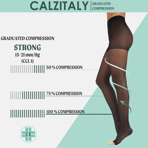 CALZITALY Graduated Compression Pantyhose | 18-22 mm/Hg Open Toe Tights | Black,Skin | S,M,L,XL | 140 DEN | Made in Italy in Kuwait