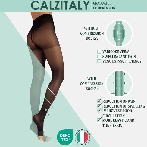CALZITALY Graduated Compression Pantyhose | 18-22 mm/Hg Open Toe Tights | Black,Skin | S,M,L,XL | 140 DEN | Made in Italy in Kuwait