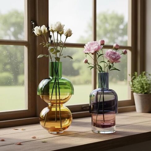 Cloudnola Reversible Glass Flower Vase and Bud Vase Set of 2, Pink & Blue and Green & Yellow, Ideal Gift Set, for Home, Wedding, and Event Decor in Kuwait