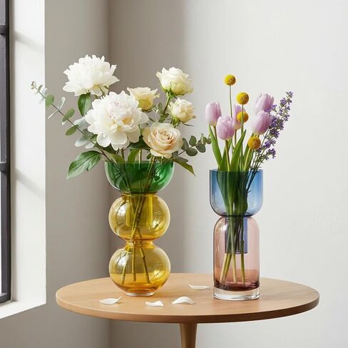 Cloudnola Reversible Glass Flower Vase and Bud Vase Set of 2, Pink & Blue and Green & Yellow, Ideal Gift Set, for Home, Wedding, and Event Decor in Kuwait