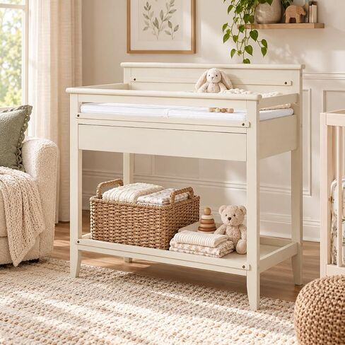 طاولة تغيير الحفاضات SweetPea Baby Bayfield بفرشاة مصقولة باللون الأبيض، معتمدة من JPMA وGreenguard Gold، مصنوعة من خشب الصنوبر النيوزيلندي المستدام، سهلة التجميع، لمسة نهائية غير سامة in Kuwait