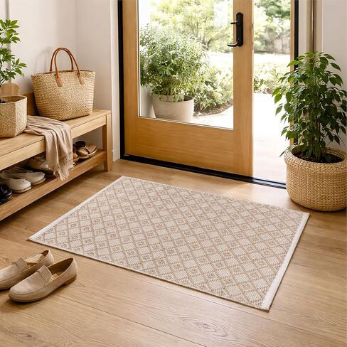 THE BEER VALLEY Diamond Woven Rug 2'x3' - Beige, Anti-Slip Farmhouse Accent Cotton Rugs for Entryway Kitchen Bedroom Bathroom - 24x36 Inches in Kuwait