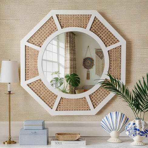 THKSHOUZ 24" Large Rattan Wall Mirror Decoraive Boho Wood Accent Mirror for Wall Decor Natural Woven Rattan Mirrors for Farmhouse,Living Room,Bedroom,Bathroom,White Frame in Kuwait