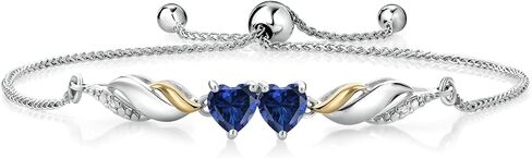 925 Sterling Silver and 10K Yellow Gold Blue Created Sapphire and White Lab Grown Diamond Tennis Bracelet For Women (1.02 Cttw, Gemstone Birthstone, Heart Shape 5MM, Fully Adjustable Up to 9 Inch), 9 in Kuwait