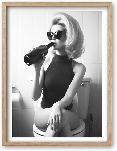 iHery Natural Wood Framed Woman and Poodle in Beauty Salon Wall Art, 12x16in Quality Canvas Hair Salon Decor, Vintage Photography, Black and White Print, Funny Retro Set of 1 in Kuwait