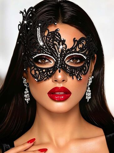 Obmyec Halloween Lace Mask Masquerade Mask Elastic Mardi Gras eyemask Costume Party for Women (Black-rhinestone) in Kuwait