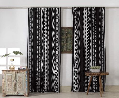 Popular Handicrafts Indian Hippie Bohemian Beautiful Silver Geometric Printed Window Door Drapery Curtain Bedroom Living Room Balcony Valance Panels Sheer Curtain Black in Kuwait