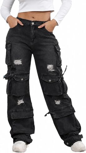 Ryehack Women’s Baggy Jeans Y2k Cargo Jeans Casual High Waist Baggy Denim Cargo Pants with Pockets Streetwear in Kuwait