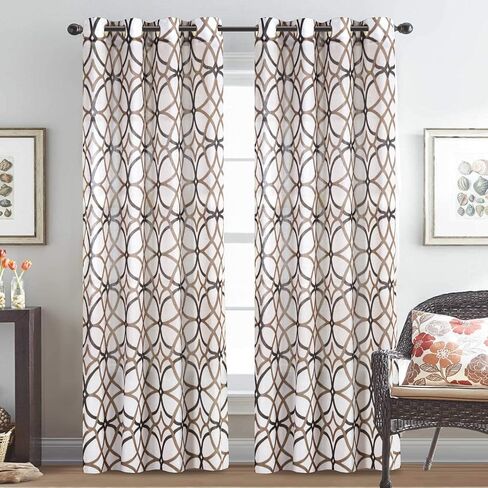 H.VERSAILTEX Linen Curtain 84 Inch Length 2 Panels Linen Sheer Curtains Textured Flax Window Curtain Draps for Living Room, Privacy Modern Printed Grommet Curtains Geometric Taupe/Red in Kuwait