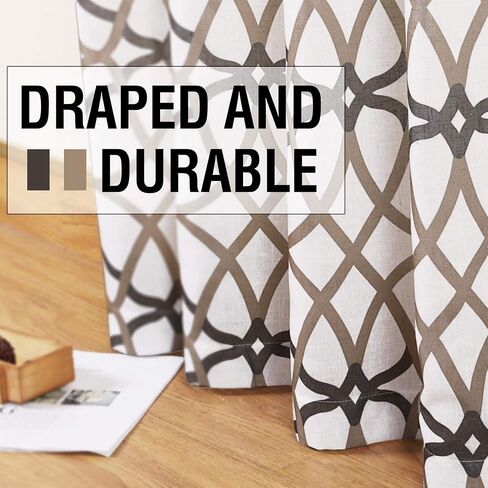 H.VERSAILTEX Linen Curtain 84 Inch Length 2 Panels Linen Sheer Curtains Textured Flax Window Curtain Draps for Living Room, Privacy Modern Printed Grommet Curtains Geometric Taupe/Red in Kuwait