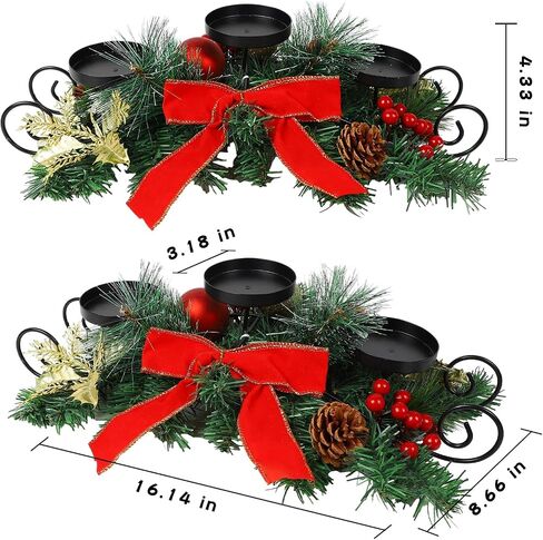 MorTime Christmas Candle Holder Centerpiece, Xmas Tabletop Decor with Red Bow Berries Pinecones, Table Centerpiece with Steel Base for Christmas Decoration in Kuwait