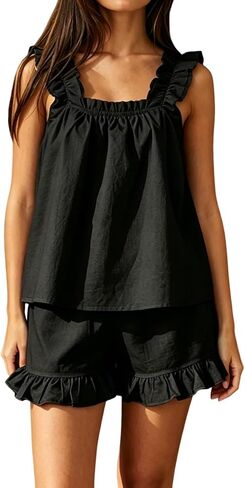 Sotimoon Womens Summer Pajama Sets 2 Piece Outfits Ruffle Trim Cami Top and Shorts Cotton Loungewear Set in Kuwait