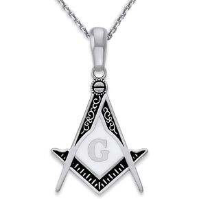 Pome Masonic Square and Compass Necklace in Sterling Silver, Black and White Enamel, Masonic Gifts, Made in America in Kuwait