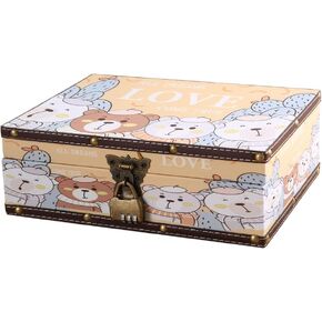 Wood and Leather Treasure Chest with Lid and Lock-Decorative Jewelry Keepsake Storage Box for Girls Women ,for Birthday Wedding Nursery Office Home Decoration, Lovely Bear Pattern (9.3*6.5*3.7") in Kuwait