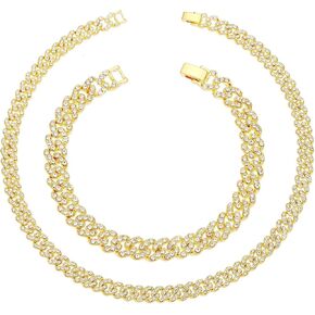 HH BLING EMPIRE 14k Gold/Silver Cuban Link Chain for Women Iced Out Diamond Chunky Cuban Link Necklace Chain Bracelet 2pcs Sets in Kuwait