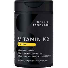 Sports Research فيتامين K2 في صورة MK-7 100 ميكروجرام مع زيت جوز الهند MCT - 120 كبسولة هلامية نباتية (كمية تكفي لمدة 4 أشهر) نباتي معتمد، معتمد كمنتج غير معدل وراثيًا، خالي من الغلوتين والصويا - رائحة الحمضيات in Kuwait