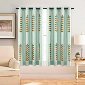 VOGOL Leaves Embroidered Curtains 84 Inches Long, Colorful Leaf Pattern Faux Linen Drapes for Living Room, 2 Panels Thermal Privacy Grommet Curtain for Farmhouse, 52 x 84, Blue in Kuwait