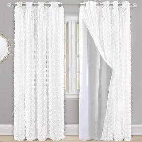 DriftAway White Pinch Pleated Voile Sheer Blackout ThermalCurtain Liner Embroidered with Pom Pom Lined Grommet Curtain for Kids Girls Bedroom Nursery Room 63 Inch Single Panel in Kuwait