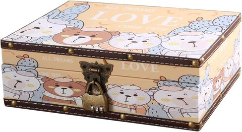 Wood and Leather Treasure Chest with Lid and Lock-Decorative Jewelry Keepsake Storage Box for Girls Women ,for Birthday Wedding Nursery Office Home Decoration, Lovely Bear Pattern (9.3*6.5*3.7") in Kuwait