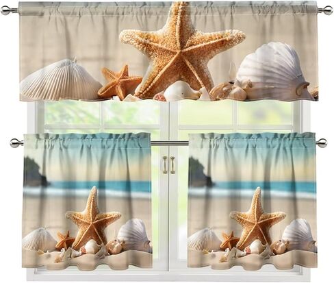 3 Piece Kitchen Curtains and Valances Set 24 Inch Length Modern Window Treatment Washable Rod Pocket Short Window Panels for Kitchen, Beach Starfish Shell in Kuwait