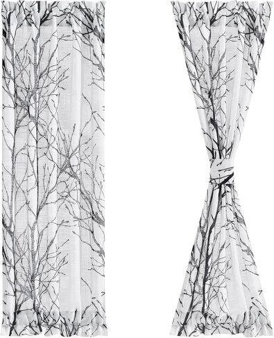 FMFUNCTEX Sidelight ألواح أبواب فرنسية مقاس 24 بوصة × 72 بيضاء شبه شفافة، ستائر مطبوعة على شكل فرع شجرة باللونين الأصفر والرمادي للأبواب الزجاجية، تتضمن رباط خلفي لوحتين in Kuwait