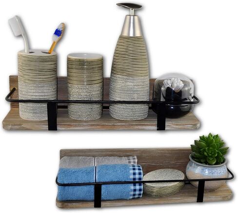 Spiretro Floating RV Shelves - Rustic Wood with Metal Rail - Bathroom, Living Room, Bedroom, Kitchen, Closet - Set of 2 (Large & Small), Grey in Kuwait