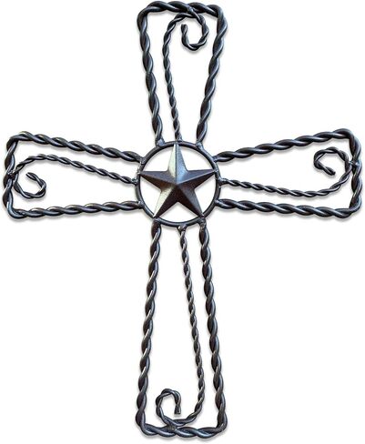 Metal Cross Wall Décor – Rustic Iron Home Art Decorations, Large Texas Country Western Scroll Barn Star Decoration for Living Room or Outdoor, Vintage Hanging Crosses and Stars (Black, 20"x17" (LG)) in Kuwait