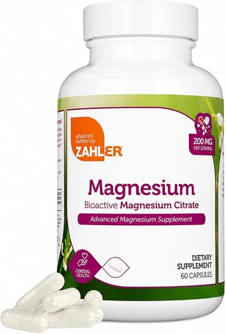 Zahler - Magnesium Supplement Capsules 200 mg (60 Count) Certified Kosher Bioactive Magnesium Citrate for Max Absorption - Natural Magnesium Mineral for Men & Women - Best Magnesium Supplements in Kuwait