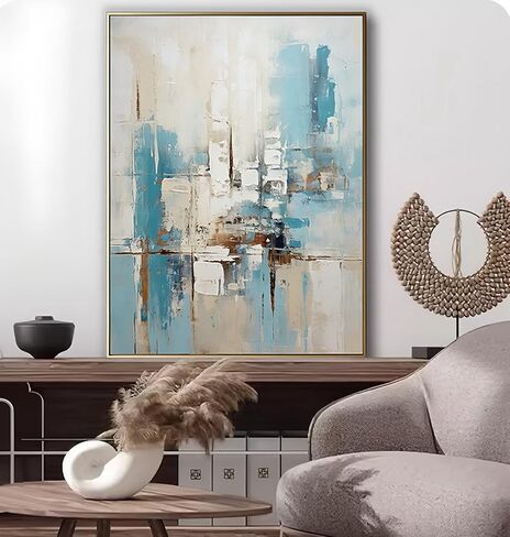 3D Textued Framed Abstract Canvas Wall Art for Office,Hand Painted Blue Abstract Oil Painting For Living Room, Large Textured Wall Decoration for Bedroom Home Décor 28x40 inches in Kuwait
