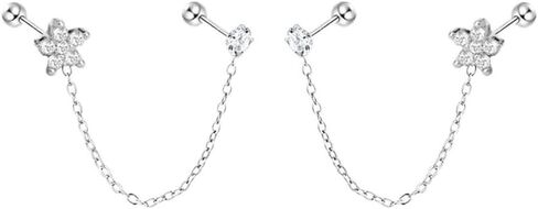 6mm Flower Round CZ 20g Small Stud With Short Chain Cuff Cartilage Earrings for Women Teen Girls Double Piercing Second Hole Screw Back Stainless Steel Fashion Cute Chic Minimalist Crystal Climber Crawler Threader Hypoallergenic Jewelry Gifts Bff Birthday in Kuwait