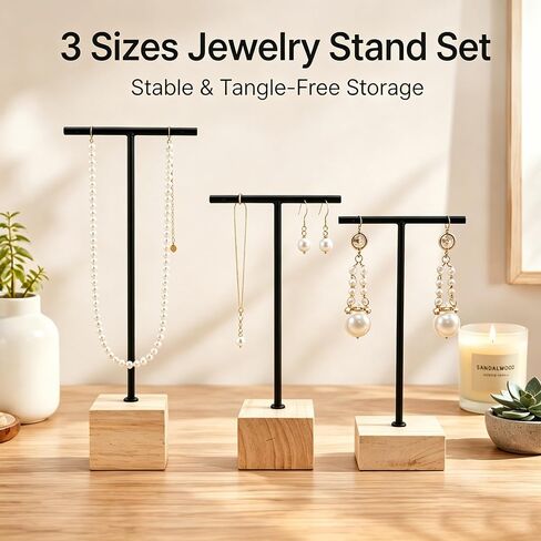 3pcs Black Metal T-Bar Wood Jewlery Display Stand with Square Wooden Base Earring Jewelry Hanging Holder in Kuwait