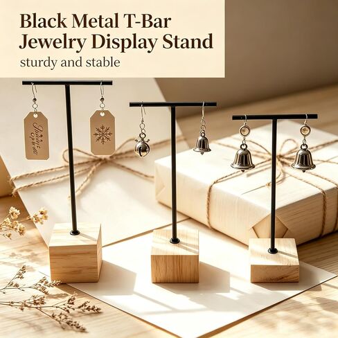 3pcs Black Metal T-Bar Wood Jewlery Display Stand with Square Wooden Base Earring Jewelry Hanging Holder in Kuwait