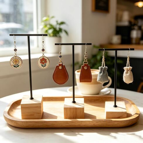 3pcs Black Metal T-Bar Wood Jewlery Display Stand with Square Wooden Base Earring Jewelry Hanging Holder in Kuwait