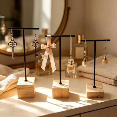 3pcs Black Metal T-Bar Wood Jewlery Display Stand with Square Wooden Base Earring Jewelry Hanging Holder in Kuwait