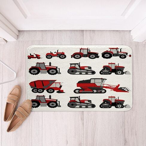 Red Tractor Bathroom Rug Mat Heavy Equipment Non Slip Bath Rug Water Absorbent Kids Boys Harvester Tractor Tub Shower Fleece Bath Carpet Vehicles Entryway Rug for Kitchen/Living Room Decor 16"x24" in Kuwait