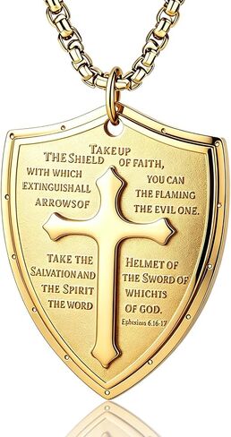Yaumatea Armor of God Shield of Faith Strength Cross Pendant Necklace for Men Bible Verse Ephesians 6:16-17 Amulet Protection Religious Gifts Stainless Steel 24 inches (Shield Cross, Silver) in Kuwait